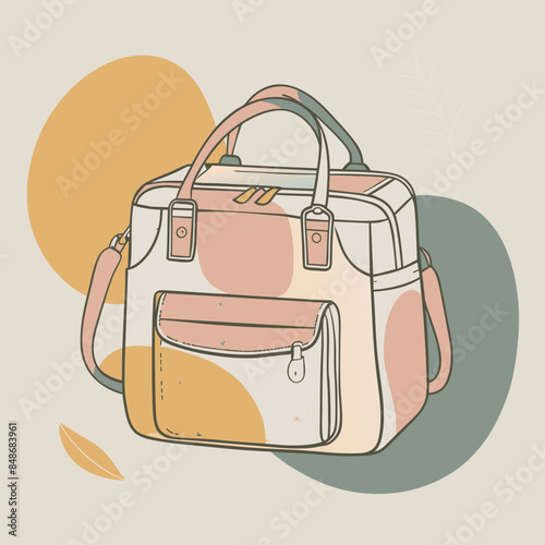 Baby care bag, kids infant child care stuff and accessory carrying travel bag for outdoor logo vector. baby toddler carry bag to pack diaper and milk bottle handbag symbol mark. mother child carry bag