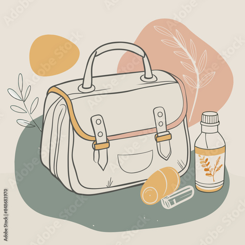 Baby care bag, kids infant child care stuff and accessory carrying travel bag for outdoor logo vector. baby toddler carry bag to pack diaper and milk bottle handbag symbol mark. mother child carry bag