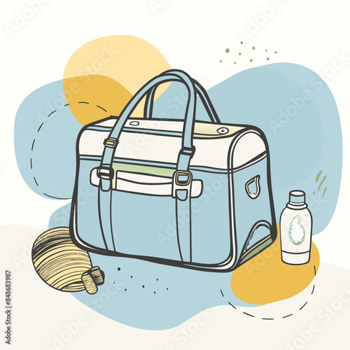 Baby care bag, kids infant child care stuff and accessory carrying travel bag for outdoor logo vector. baby toddler carry bag to pack diaper and milk bottle handbag symbol mark. mother child carry bag