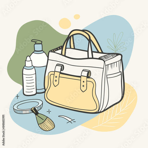 Baby care bag, kids infant child care stuff and accessory carrying travel bag for outdoor logo vector. baby toddler carry bag to pack diaper and milk bottle handbag symbol mark. mother child carry bag