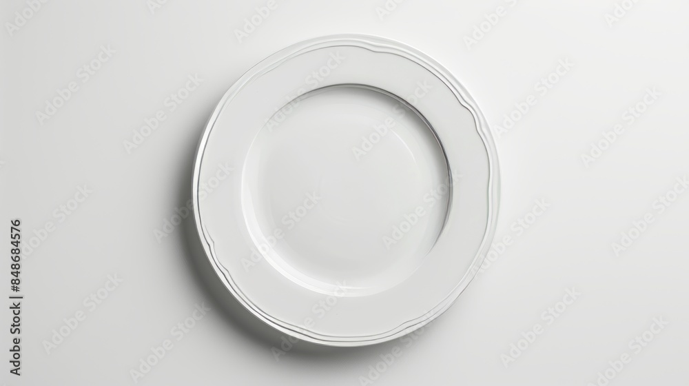 Simple white dinner plate, centered on a white background, illuminated by studio lighting to highlight its flawless surface Simple white dinner plate, centered on a white background, illuminated by studio lighting to highlight its flawless surface