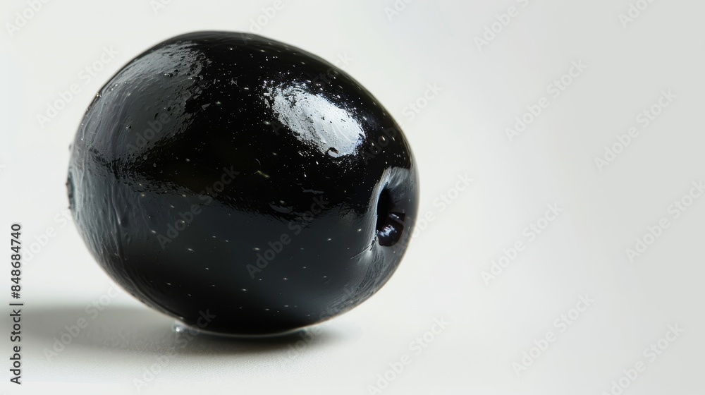 Single black olive with a glossy finish, isolated, studio lighting highlighting its texture, ideal for food advertisements