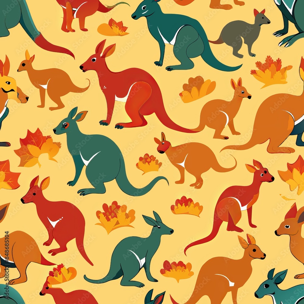 Seamless pattern of exotic marsupials like kangaroos, koalas, and wallabies, inhabiting the diverse landscapes of Australia and surrounding regions, Generative AI Seamless pattern of exotic marsupials like kangaroos, koalas, and wallabies, inhabiting the diverse landscapes of Australia and surrounding regions, Generative AI