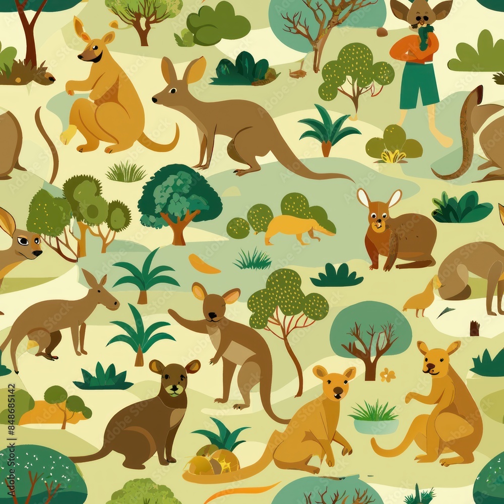 Fototapeta premium Seamless pattern of exotic marsupials like kangaroos, koalas, and wallabies, inhabiting the diverse landscapes of Australia and surrounding regions, Generative AI