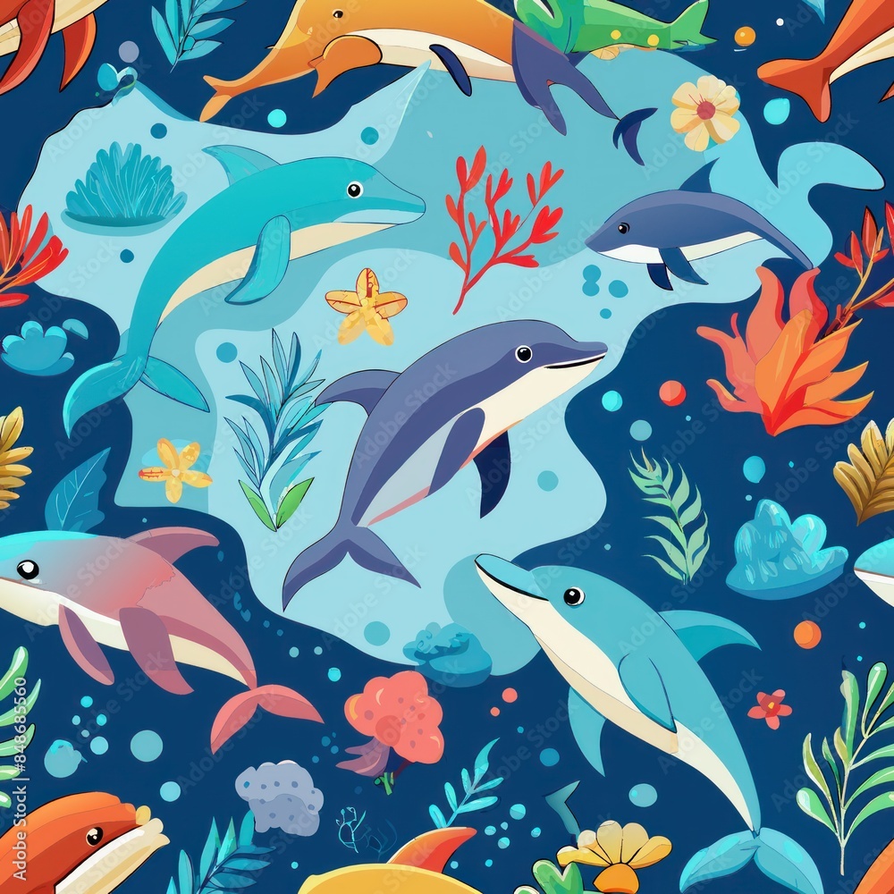 Seamless pattern of graceful sea creatures like dolphins, whales, and sea turtles swimming amid coral reefs and ocean waves, Generative AI Seamless pattern of graceful sea creatures like dolphins, whales, and sea turtles swimming amid coral reefs and ocean waves, Generative AI