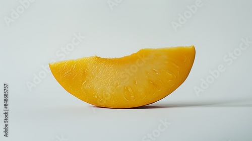 A perfectly cut slice of ripe mango, its lusciousness showcased against a minimalist white background. photo