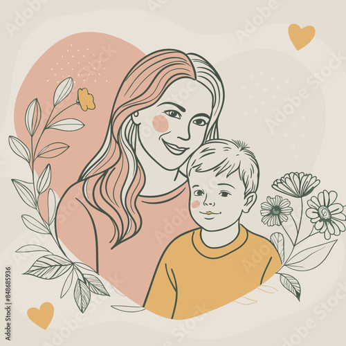 Mother and son line art vector illustration, mothers day celebration background
