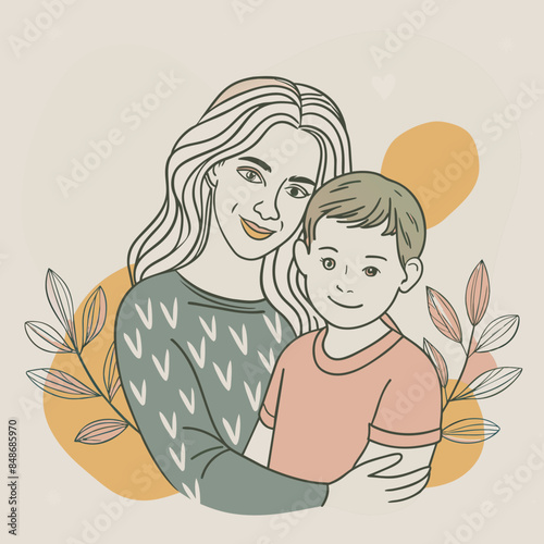 Mother and son line art vector illustration, mothers day celebration background
