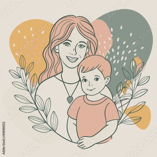 Mother and son line art vector illustration, mothers day celebration background
