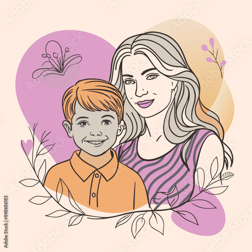 Mother and son line art vector illustration, mothers day celebration background
