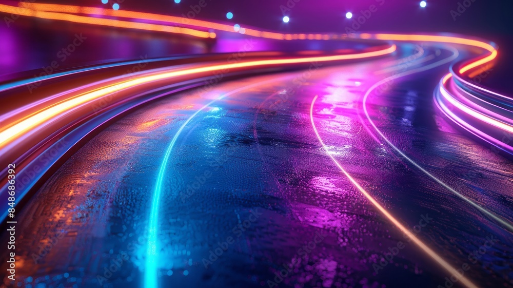 Neon Lit Night Highway with Vibrant Light Trails in Abstract Urban Scene