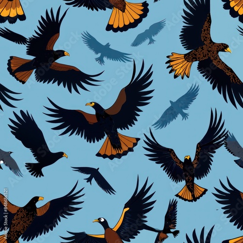Seamless pattern of majestic birds of prey like eagles, hawks, and falcons, soaring through the sky with outstretched wings and keen eyesight, Generative AI