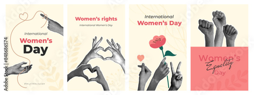 A set of fashionable halftone collages. The concept of feminism.Allyship and sisterhood. Feminism. Collaboration of women's communities. Woman's Day