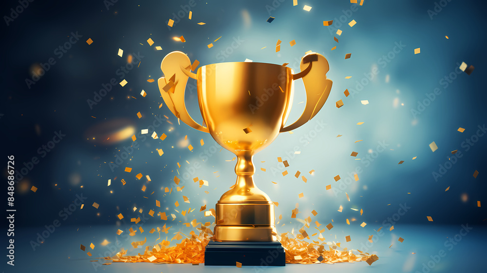 Golden trophy with confetti on background Golden trophy with confetti on background