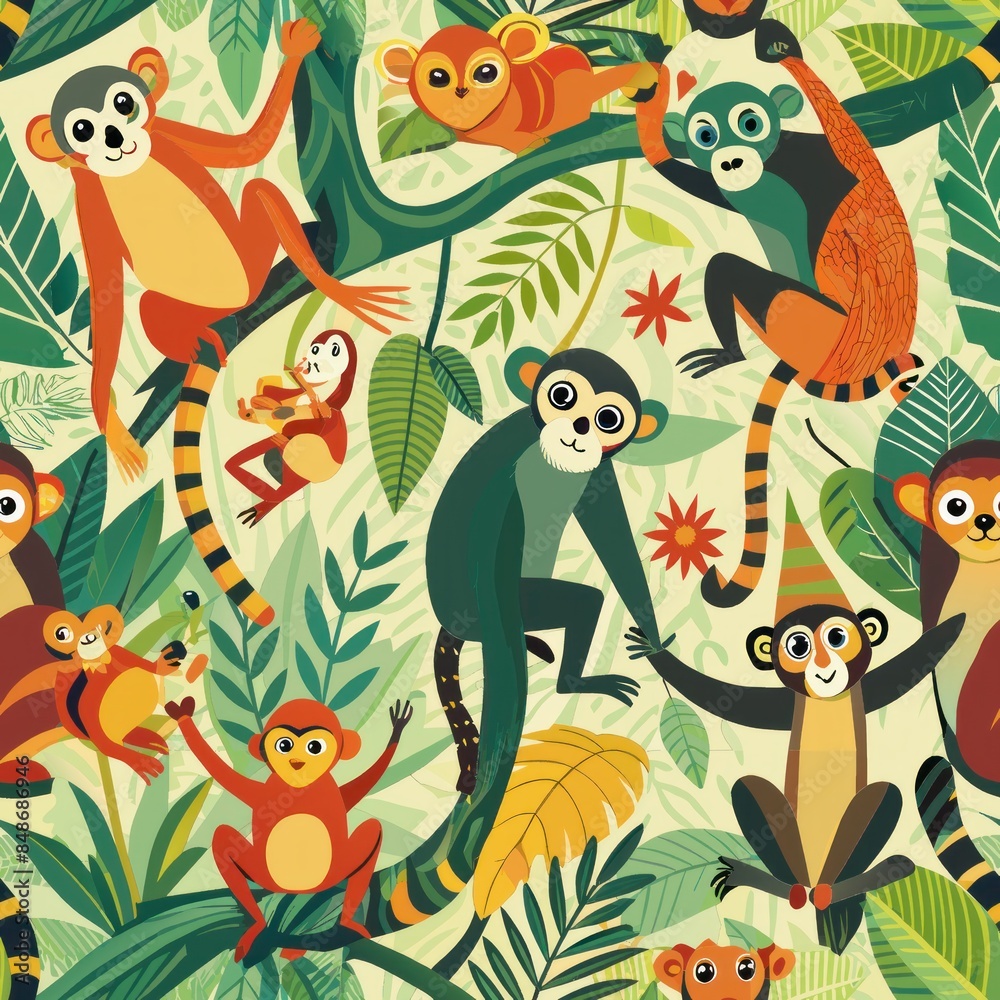 Seamless Pattern Of Playful Primates Like Monkeys Lemurs And Gibbons