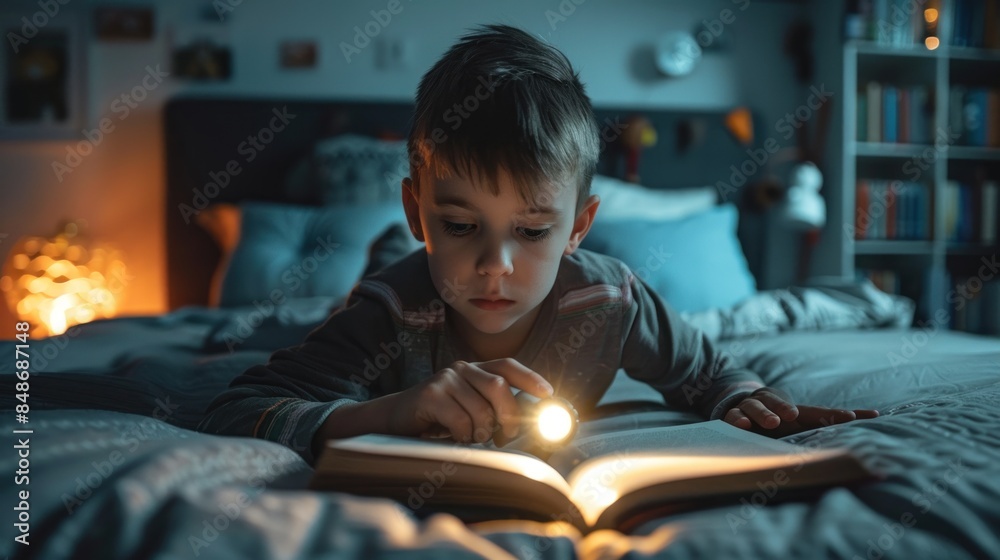 A boy is reading a book with a flashlight. The room is dark and the boy is focused on the book A boy is reading a book with a flashlight. The room is dark and the boy is focused on the book