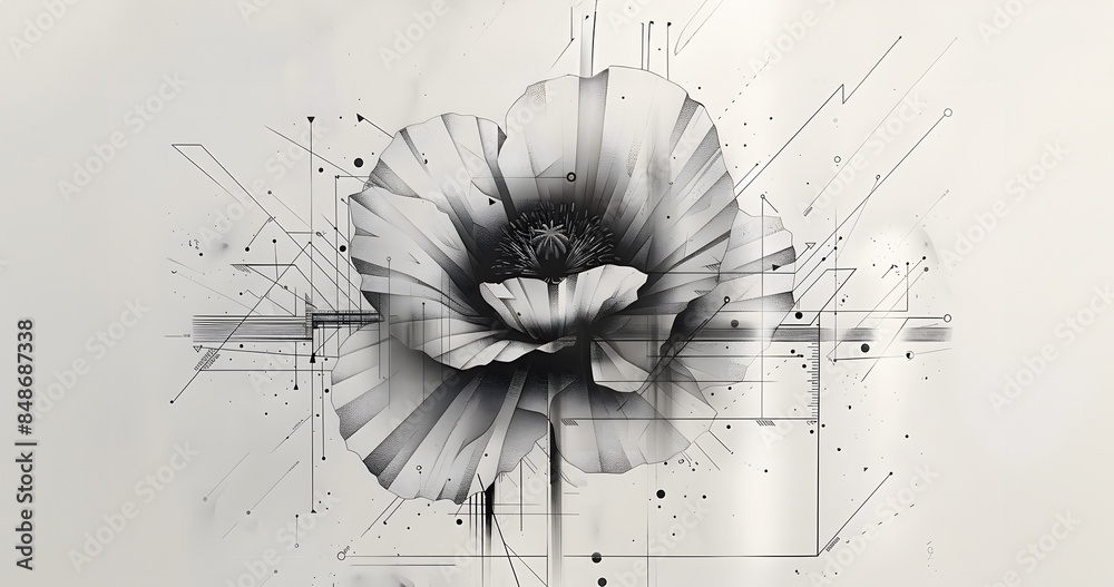 Obraz premium Poppy flower surrounded by minimalist geometric shapes and lines that create depth in black ink white background