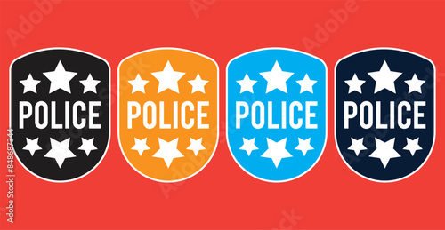 Police badges. Officer government badge, special police security medallion and federal agent signs. Simple illustration of police badge vector icon collection. 