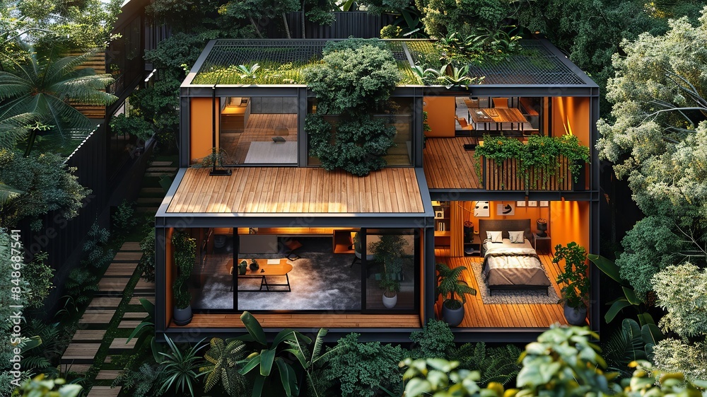 Modern Eco-friendly House Surrounded by Lush Green Foliage and Natural Light Modern Eco-friendly House Surrounded by Lush Green Foliage and Natural Light