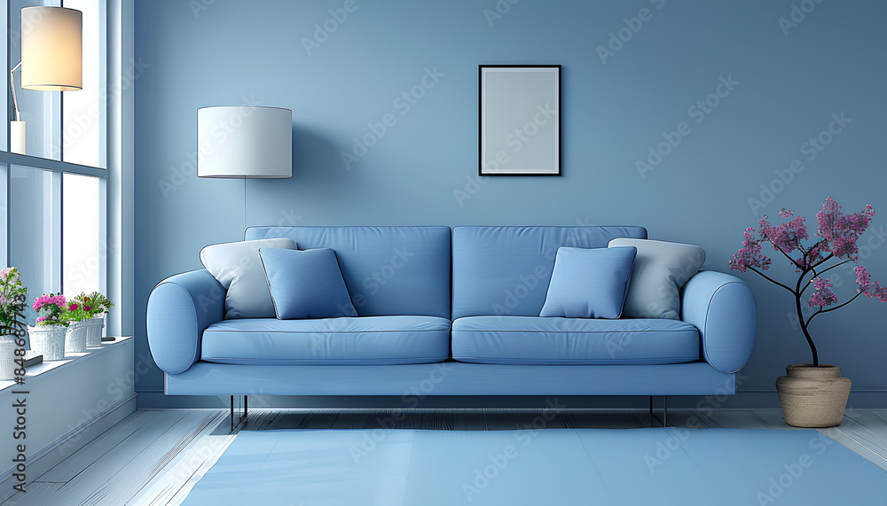 Chic Interior Design: Blue Sofa, Light Blue Wall, and Flower Pot Chic Interior Design: Blue Sofa, Light Blue Wall, and Flower Pot