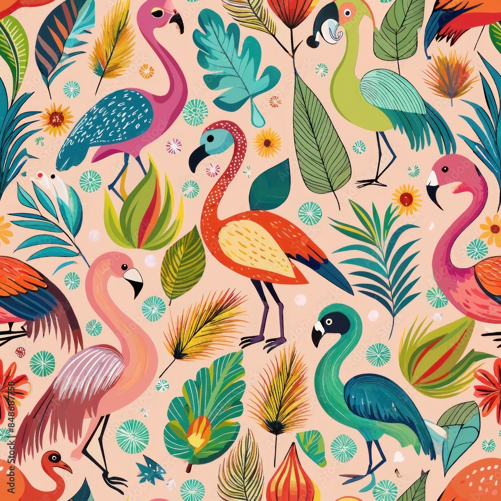 Obraz premium Seamless pattern of unique avian species like flamingos, peacocks, and hornbills, displaying their striking feathers and distinctive features, Generative AI