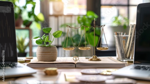 Visualize financial balance in a serene office. A person analyzes a finance app, surrounded by balanced scales, flourishing plants, and ascending graphs, symbolizing stability and growth.