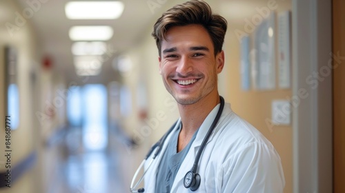 Free Download Smiling male doctor in hospital hallway - GFXLoad