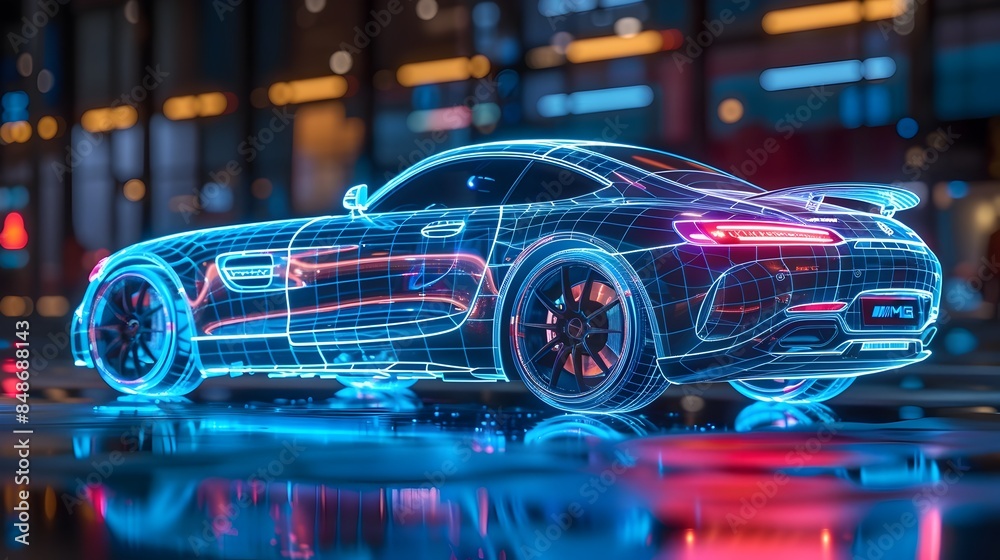 Fototapeta premium Holographic Car Model Projection Futuristic Digital Visualization with Detailed Specifications