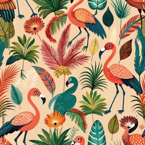 Seamless pattern of unique avian species like flamingos, peacocks, and hornbills, displaying their striking feathers and distinctive features, Generative AI
