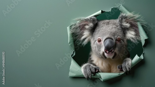 Fun coala peeking out of hole. Banner with copy space.