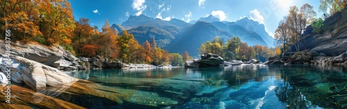 Verzasca River: Majestic Nature Landscape in Lavertezzo, Ticino Tessin, Switzerland photo
