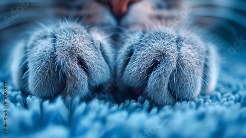 Close-Up of a Cat's Paws on a Blue Surface