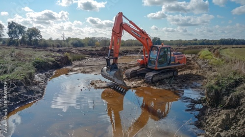 Excavating Equipment at Work: Backhoe Bucket and Crawler Excavator Digging Soil and Shale Layers for Pond and Construction Projects on Agriculture Farm photo