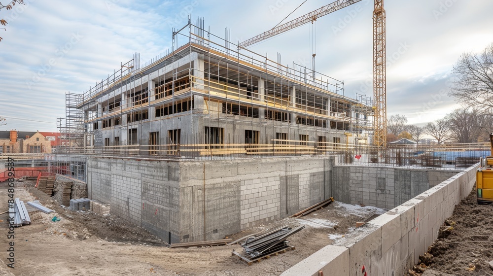 Concrete block walls forming the structure of a modern building under construction, cranes and scaffolding in the background Concrete block walls forming the structure of a modern building under construction, cranes and scaffolding in the background
