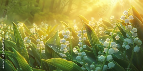 Lily of the valley blooming in sunlight