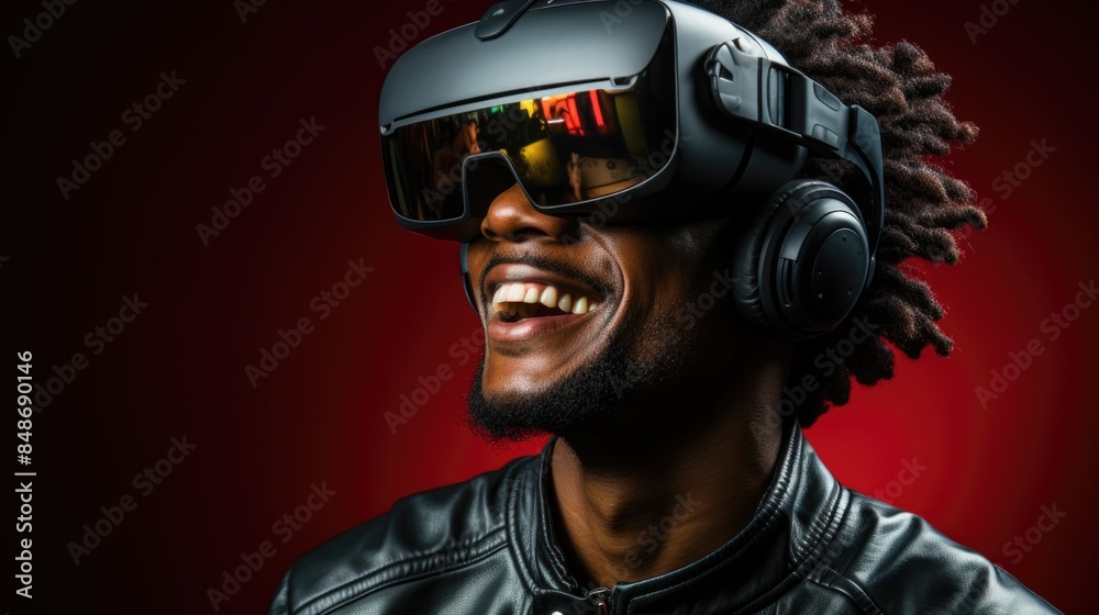 Man with a beaming smile enjoying a VR experience. Man with a beaming smile enjoying a VR experience.