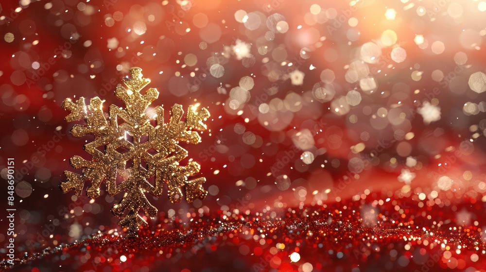 Glittering Golden Snowflake on Shiny Red Background - 3D Rendered Abstract Glittering Golden Snowflake on Shiny Red Background - 3D Rendered Abstract