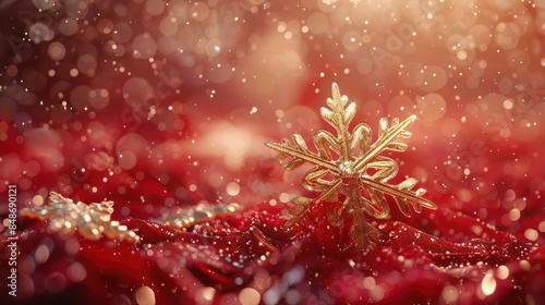 Glittering Golden Snowflake on Shiny Red Background - 3D Rendered Abstract © hisilly
