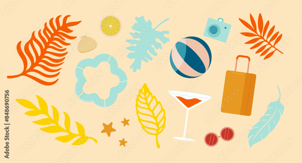 Vibrant Summer Themed for Social Media Post Featuring Tropical Leaves, Beach Ball, and Travel Elements Vibrant Summer Themed for Social Media Post Featuring Tropical Leaves, Beach Ball, and Travel Elements