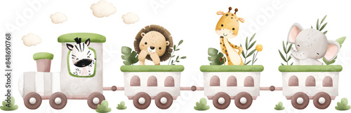 Watercolor Illustration Safari Animals on Train