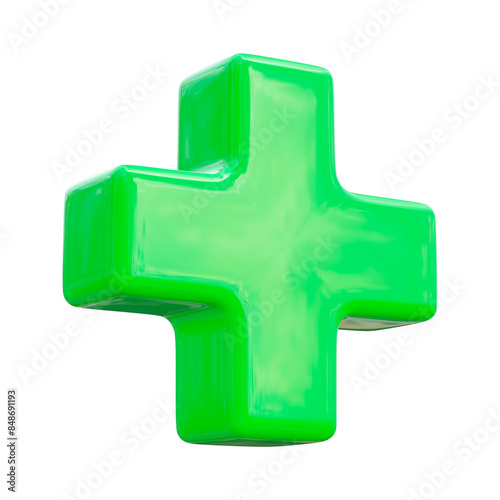 3D green plus sign icon on white background. Mathematical and financial symbol. Emergency help medical symbol