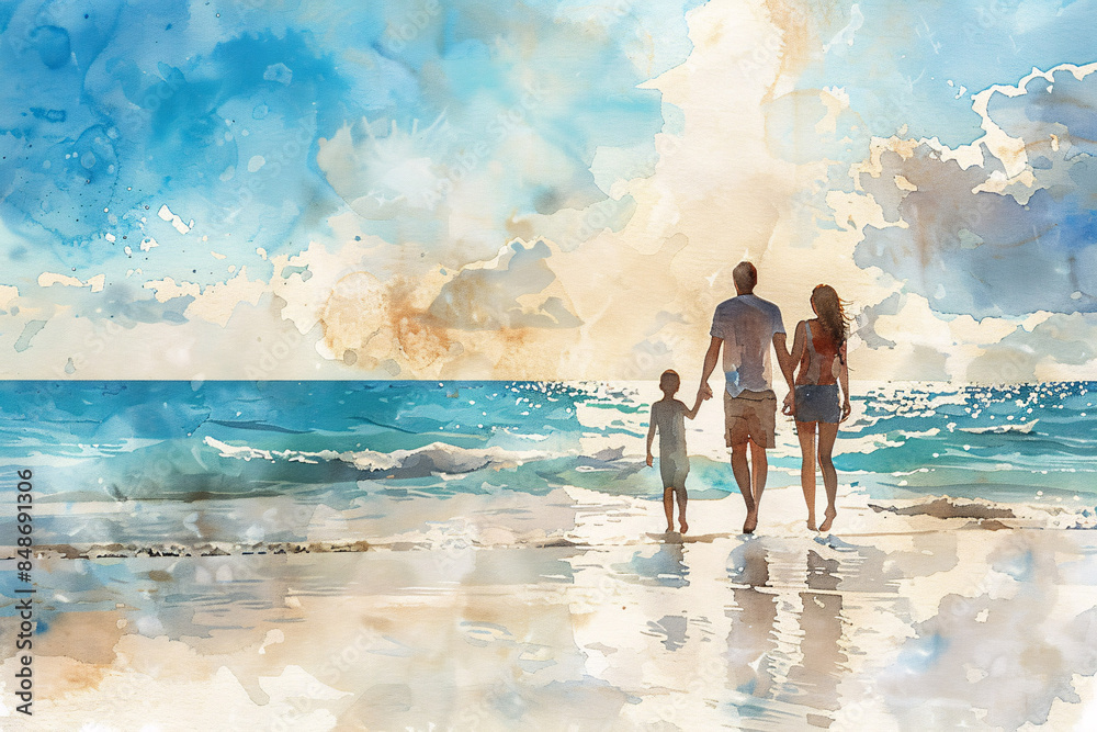 Fototapeta premium A family enjoying a day at the beach in a vibrant watercolor style, perfect for summer-themed designs and vacation promotions.