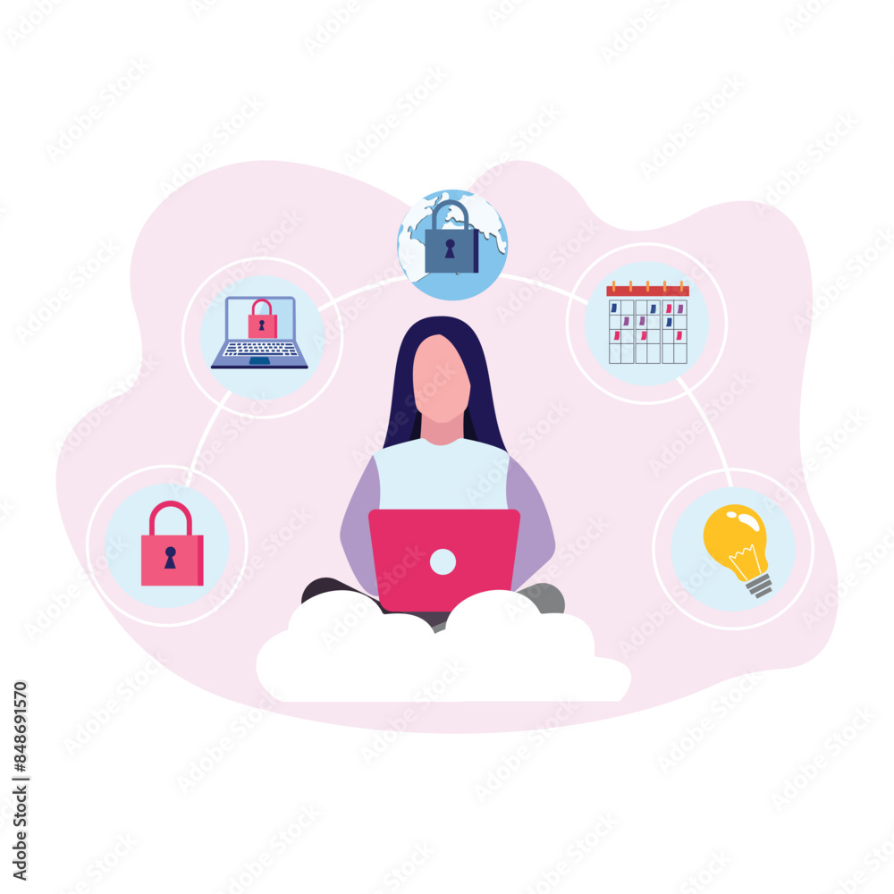 The girl is working on the cloud data on security for account. The girl is working on the cloud data on security for account.