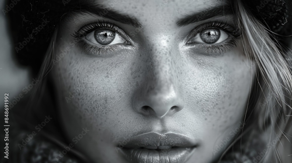 Fototapeta premium Womans face close-up in black and white