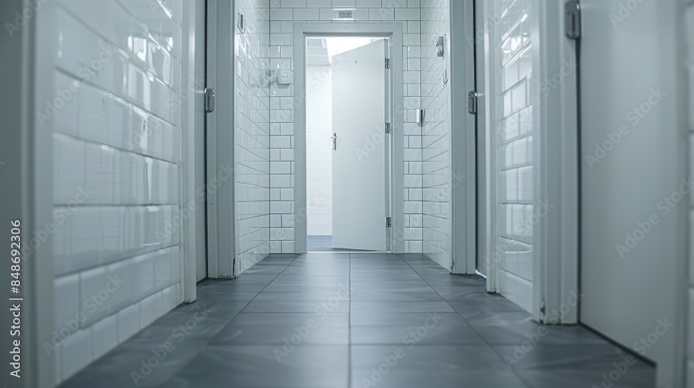 Hospital hallway with blue tiled floors Hospital hallway with blue tiled floors