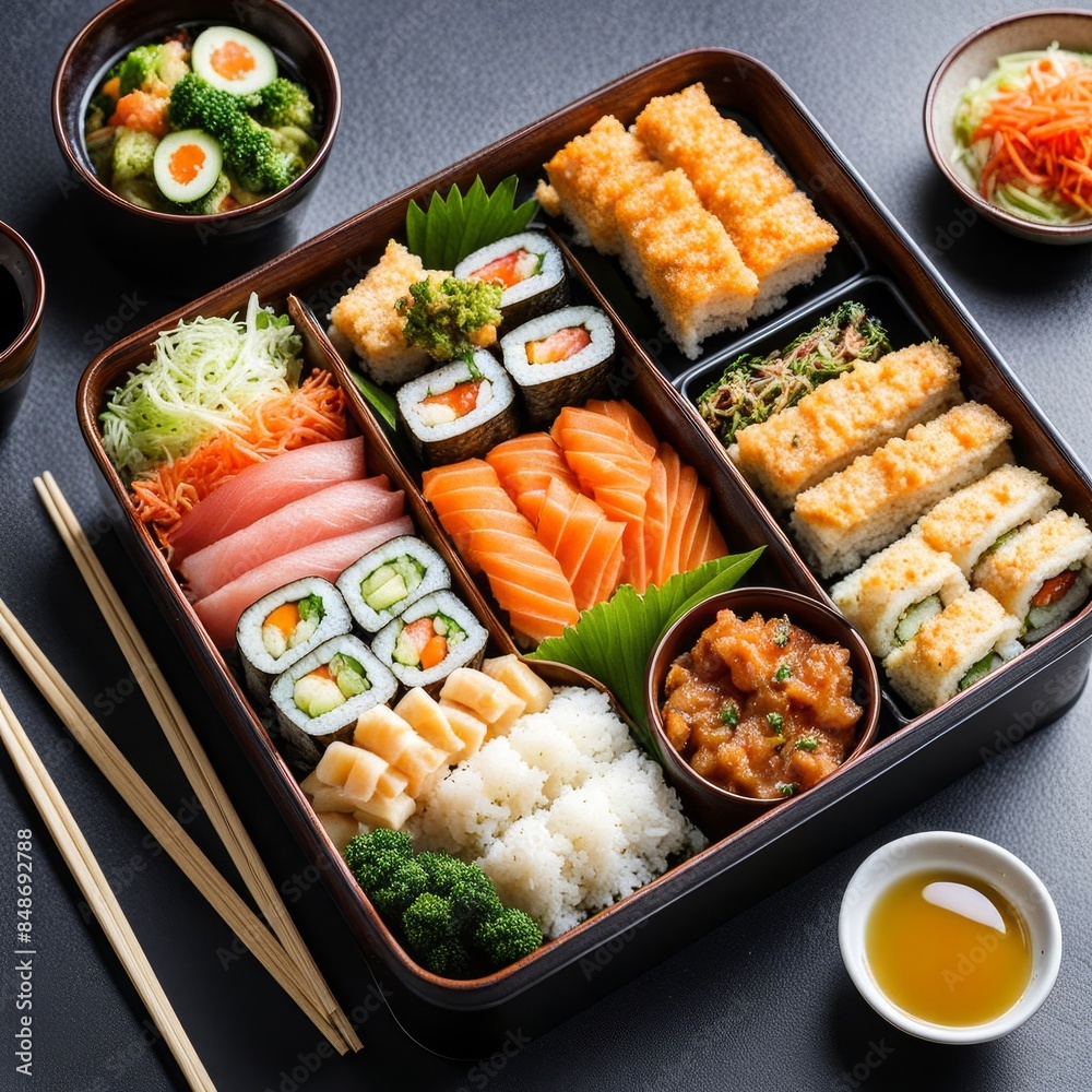Japanese bento box filled with sushi, tempura and vegetables Japanese bento box filled with sushi, tempura and vegetables