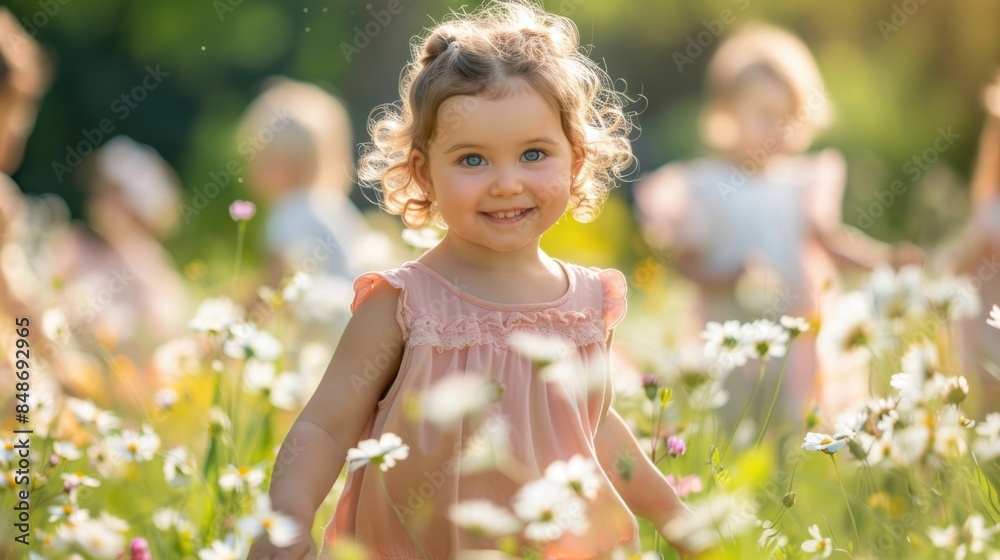 A young girl is smiling in a field of flowers. The scene is bright and cheerful, with the sun shining down on the flowers and the girl. The girl is the main focus of the image A young girl is smiling in a field of flowers. The scene is bright and cheerful, with the sun shining down on the flowers and the girl. The girl is the main focus of the image