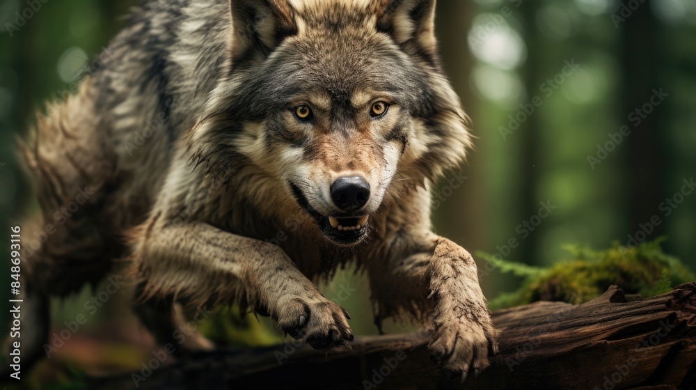 Wolf running through forest with mouth open Wolf running through forest with mouth open