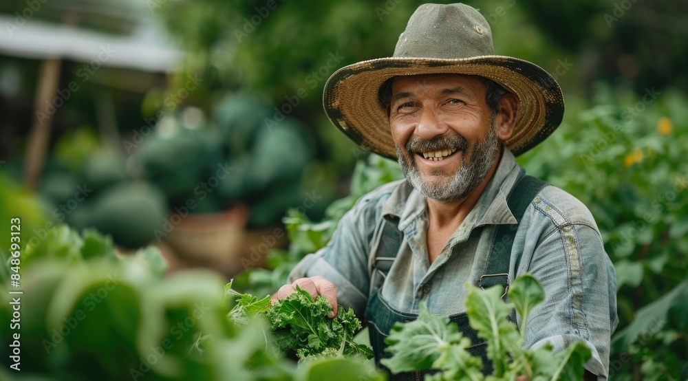 Man wearing hat and apron gardening Man wearing hat and apron gardening