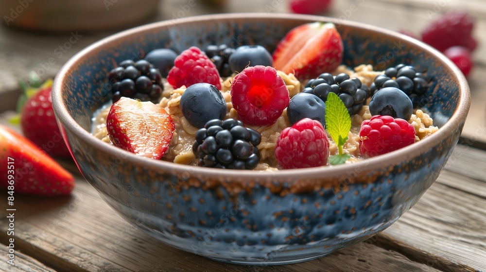 Bowl of oatmeal porridge with various berry on wooden table top view. Healthy and diet breakfast. Bowl of oatmeal porridge with various berry on wooden table top view. Healthy and diet breakfast.